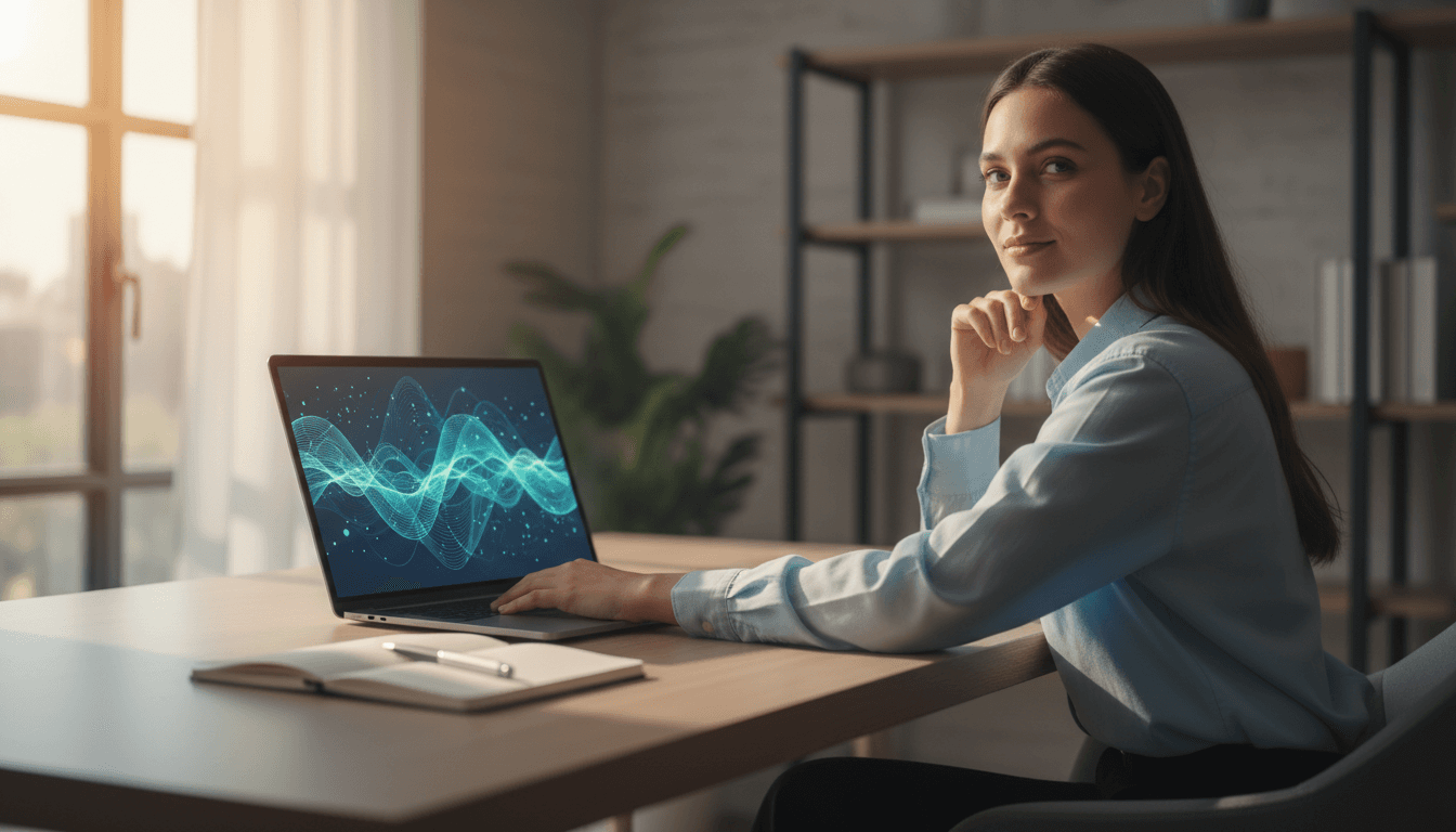 Professional at a modern desk reviewing AI insights on laptop with thoughtful expression