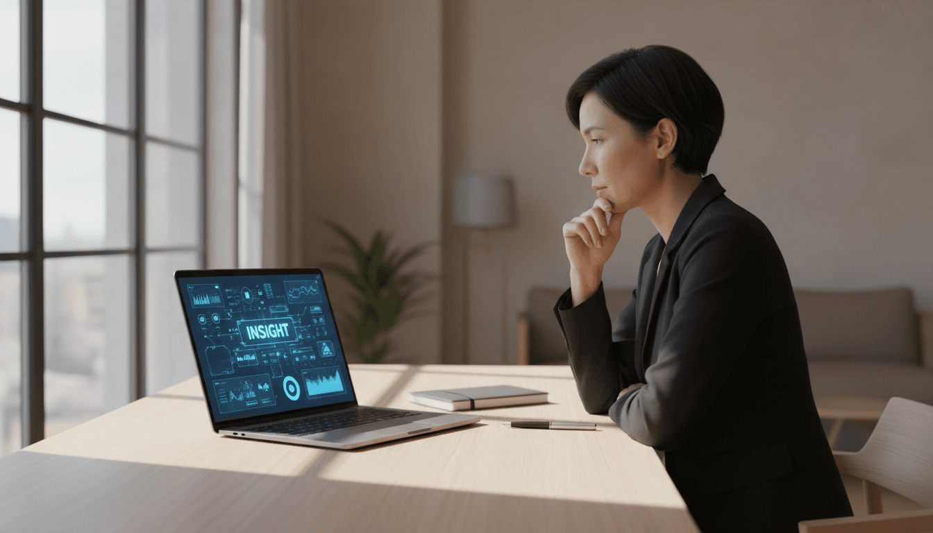 Professional at desk reviewing AI productivity insights on laptop