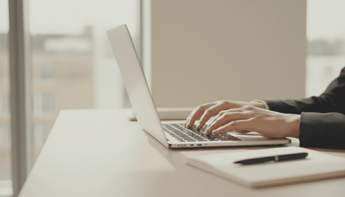 Professional working at laptop, focused on productivity and strategic thinking