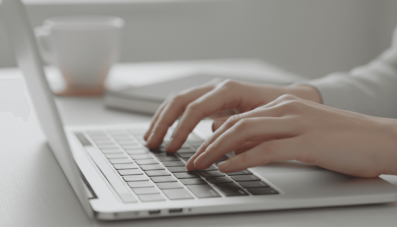 Hands typing on laptop keyboard with soft focused background