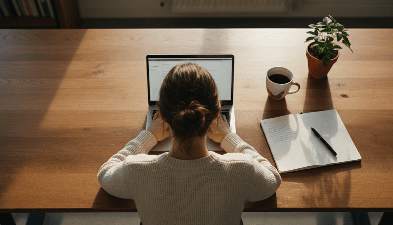 Professional working at desk with laptop and notebook in bright natural light
