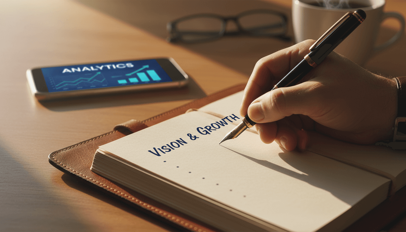 Close-up of journaling with personal growth metrics displayed on phone