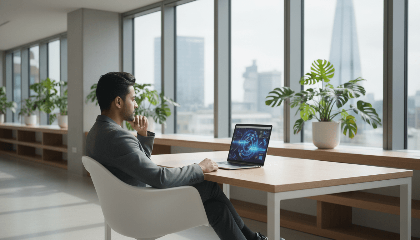 Professional at desk with AI visualization on laptop screen